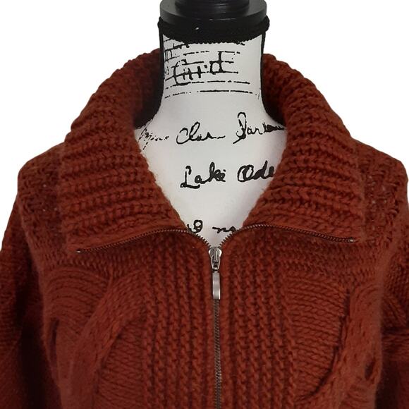 ElsaManda Alpaca Wool Cable Knit Sweater Full Zip Rust Orange OS Made in Italy - Picture 4 of 9